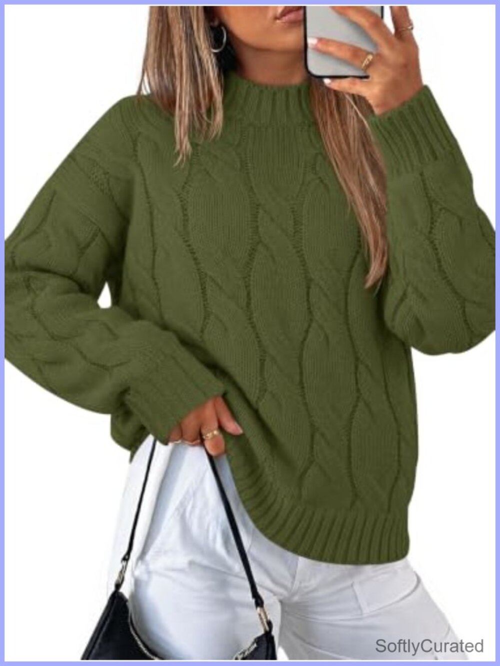 Womens Mock Neck Cable Knit Sweater Loose Fit Pullover Long Sleeve